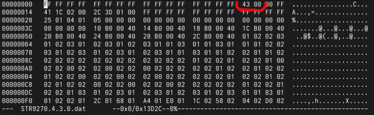 Screenshot of the firmware file opened in a hex editor. The 33rd byte is the major version number. The 34th byte is the minor number and the 36th byte is the patch number