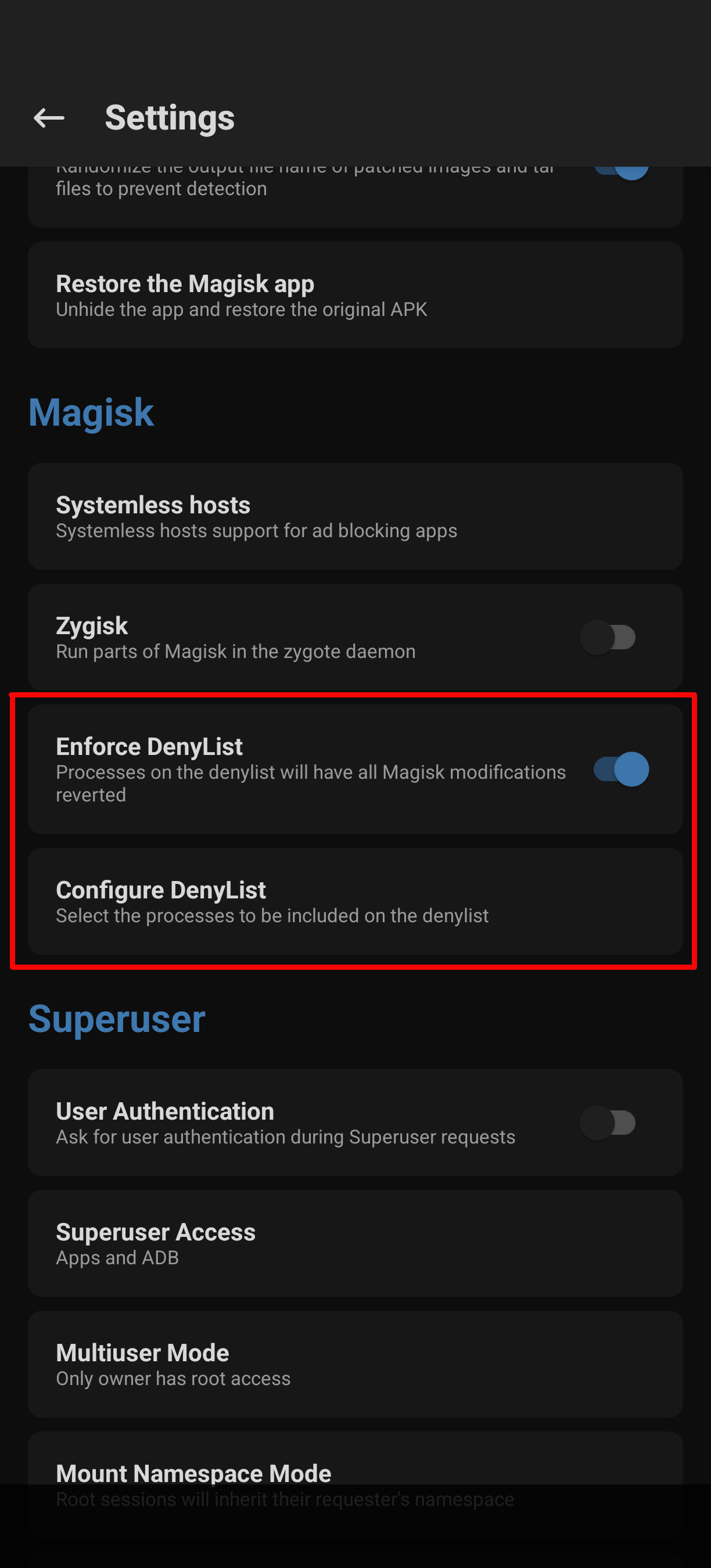 Screenshot of the Magisk app with the settings to hide root highlighted. The relevant settings are ‘Enforce DenyList’ and ‘Configure DenyList’
